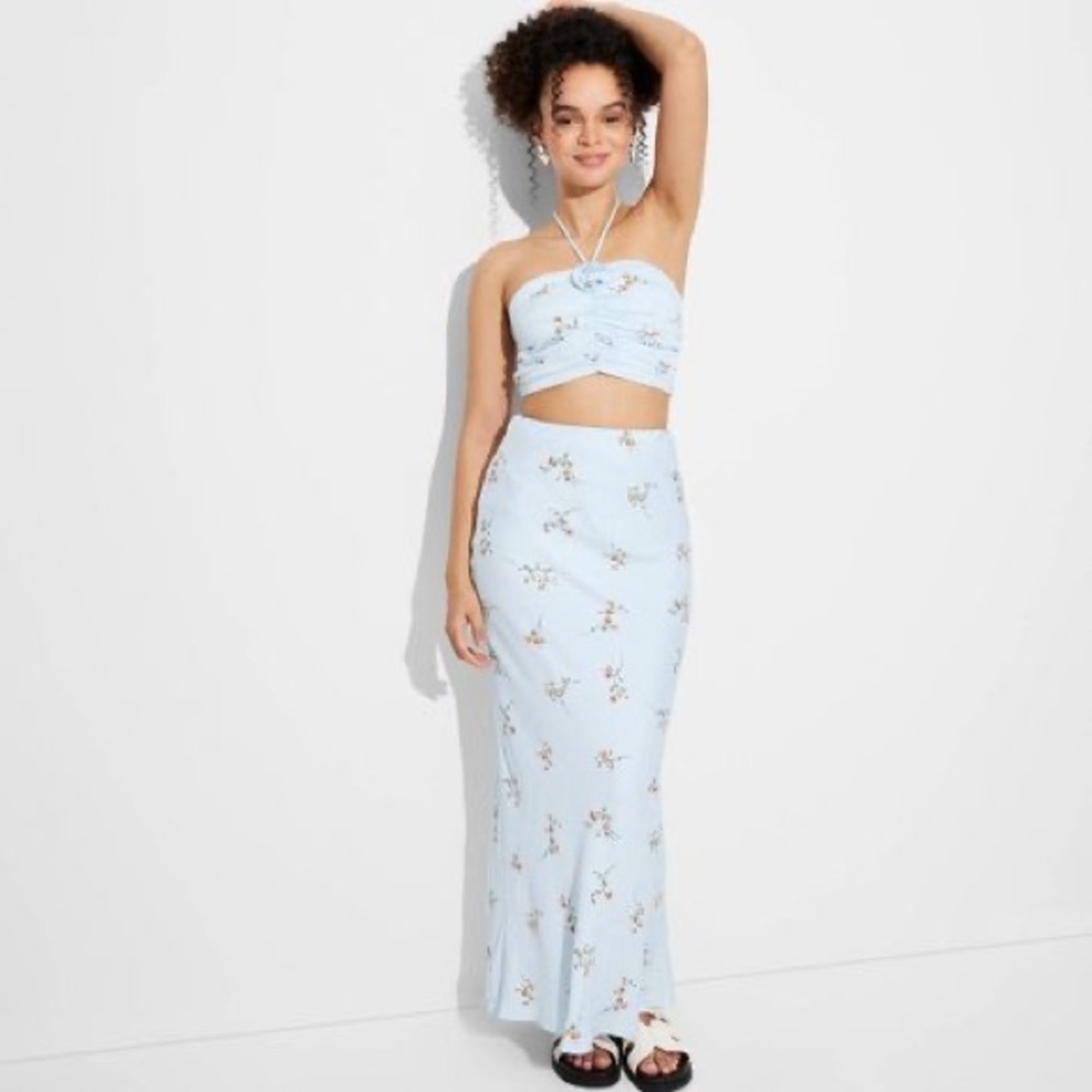🧡 Wild Fable Rosette Maxi Skirt Ruched Halter Top Target Light Aqua Blue Floral